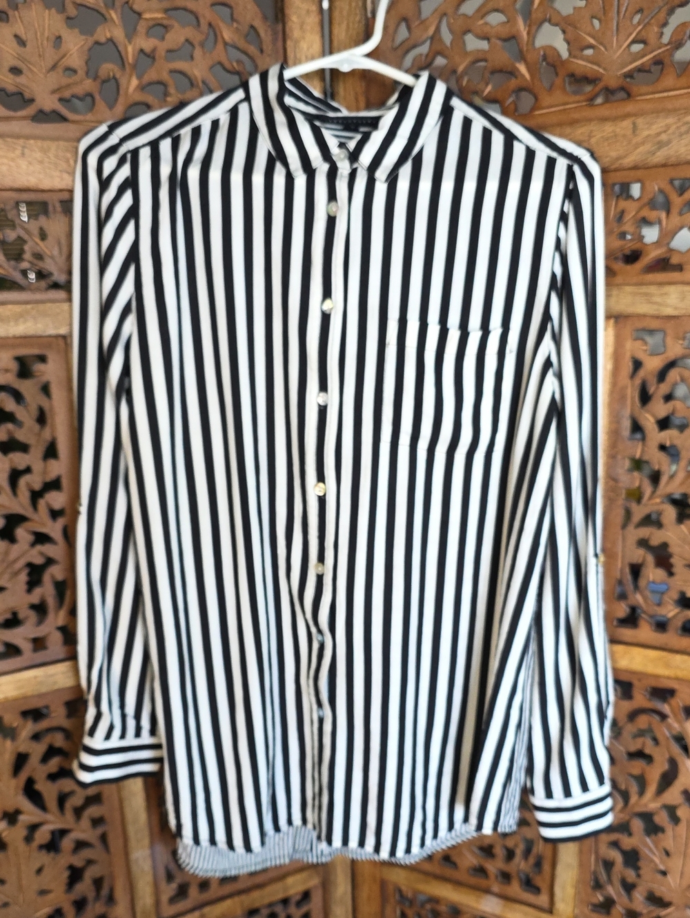 Jane and Delancey Black and White Vertical Stripe Button-Down Shirt